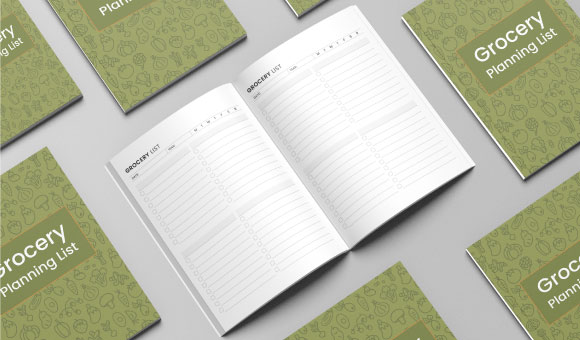 KDP interior grocery planner list notebook, two-page spread in US Letter size on a white background showing grocery planner page with Kindle Direct Publishing template