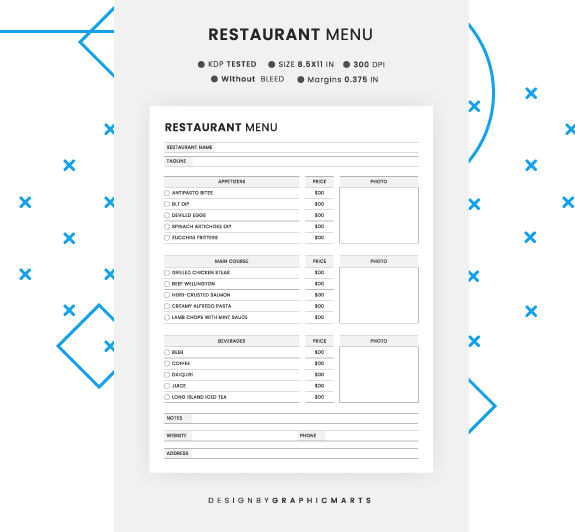 A stylish restaurant menu template featuring elegant fonts, categorized food items, and a sophisticated layout.